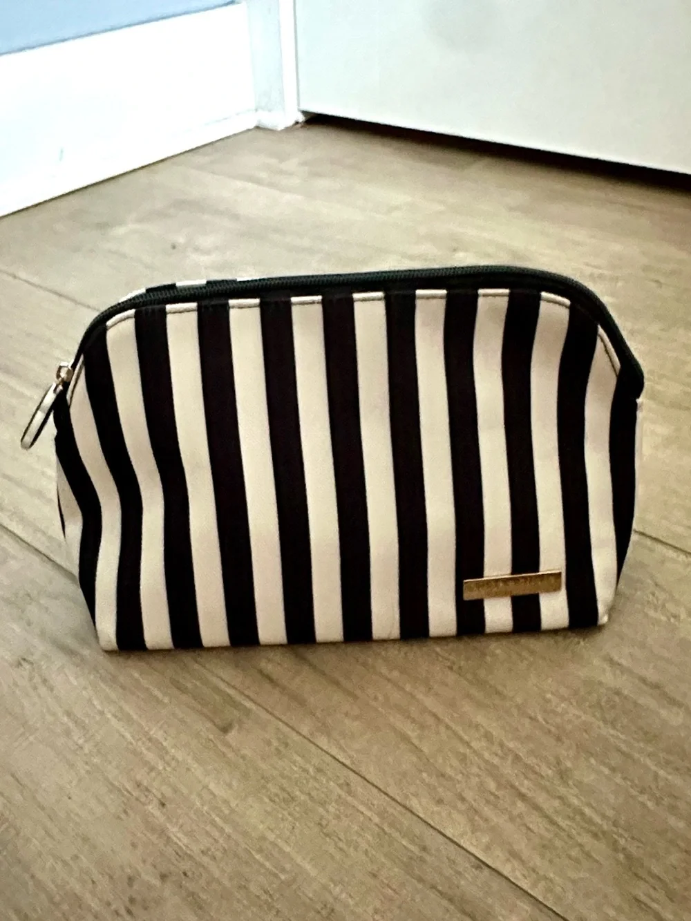 Alice + Olivia x FabFitFun Positano Black White striped pencil makeup Bag Pouch